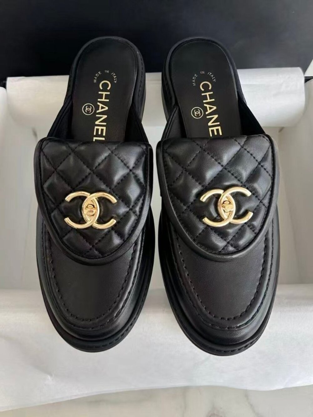 Chanel Black Quilted CC Turnlock Backless Mule Loafers Size 39